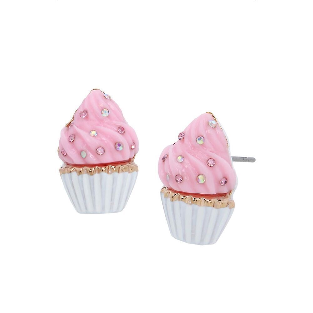 New in Box BETSEY JOHNSON Cupcakes Stud Earrings Pink White Rhinestones Dessert